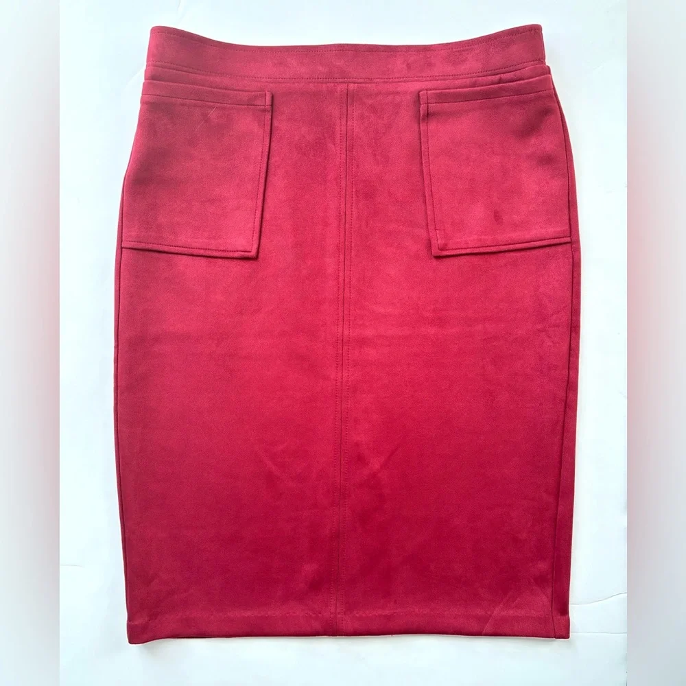 Carole Wren Cranberry Faux Suede‎ Stretch Pull-on Pencil Skirt Pockets & Slit Sm